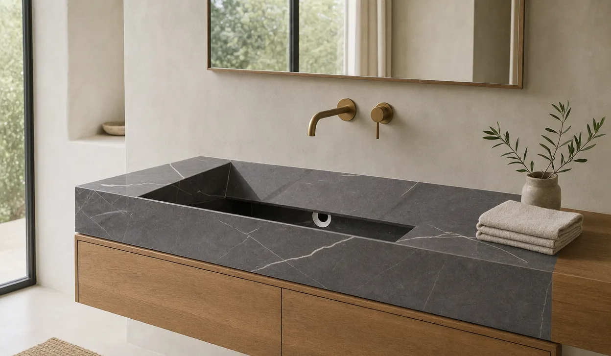 Antrasit mermer banyo tezgahı, taştan oyulmuş entegre tekne lavabolu; modern banyoda temsili yerleşim